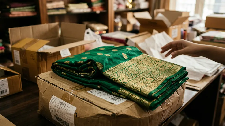 A beautiful silk saree, slightly disheveled, lying on a packing box in a boutique, symbolizing a customer return.