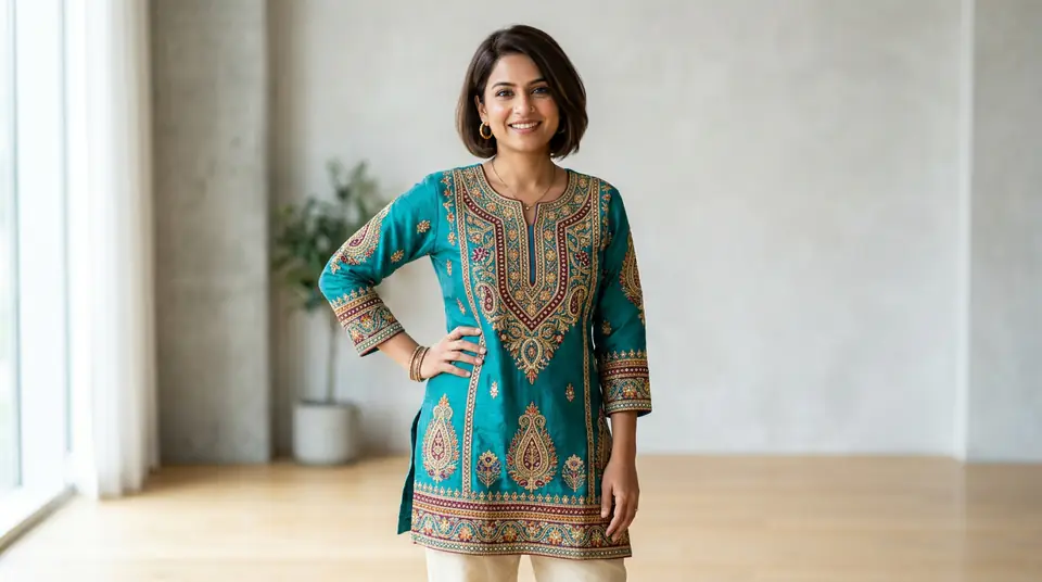 Priya Sharma, owner of Vanya Wear, confidently posing in one of her hand-embroidered kurtis, demonstrating success after improving product photos.