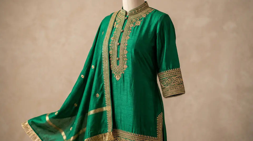 Close-up of an intricately embroidered emerald green kurti set, styled perfectly, on a minimalist studio background, illustrating high-quality Shopify fashion photography.