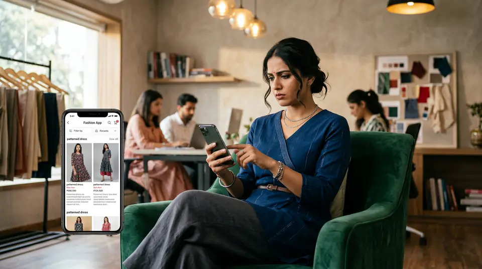Frustrated Indian woman browsing low-quality fashion photography on her Shopify store on a mobile phone, highlighting conversion issues.