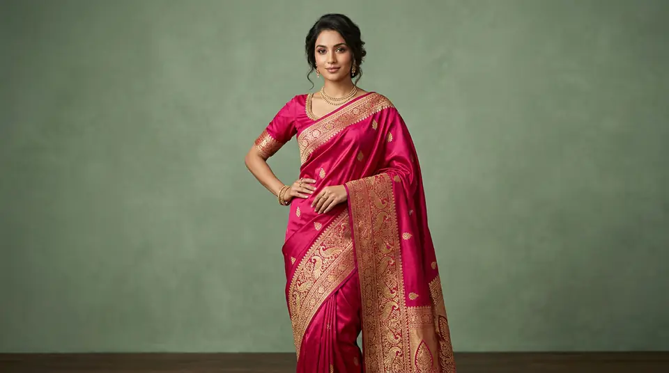 AI-generated South Asian model wearing a vibrant silk saree, showcasing professional Shopify fashion photography quality.