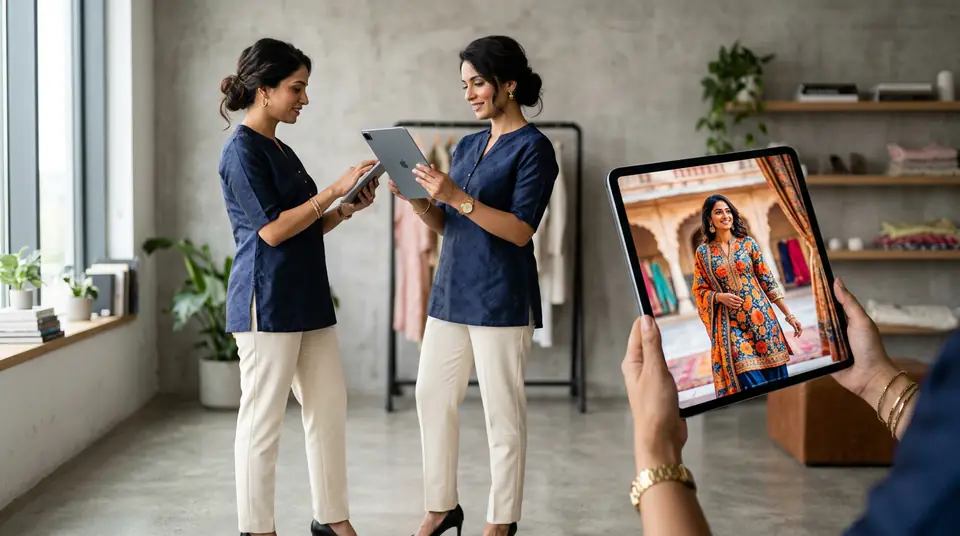 Indian fashion entrepreneur successfully viewing AI-generated product photography on a tablet for her Shopify store