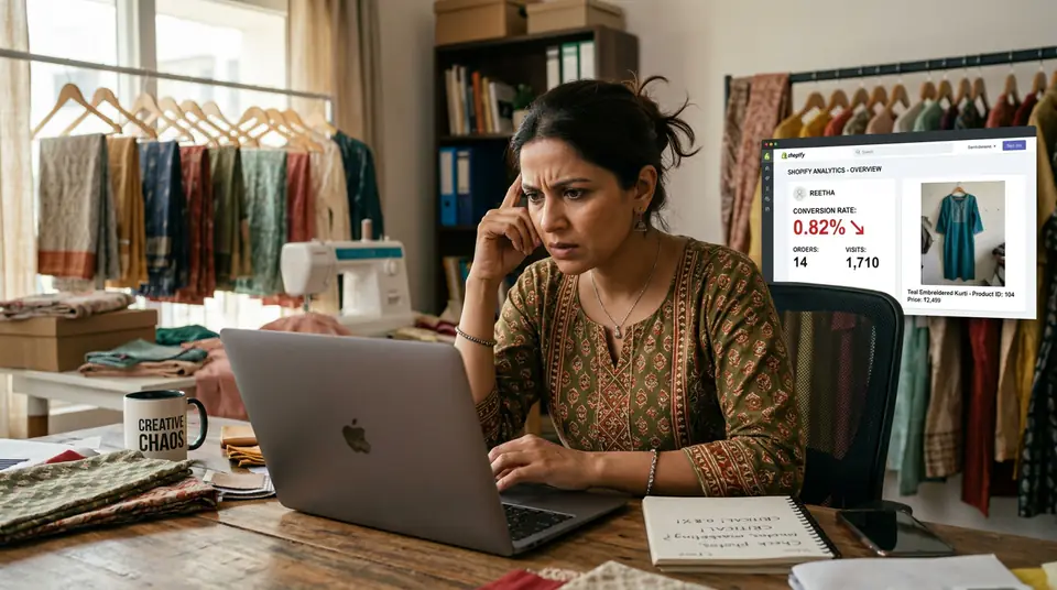 Indian Shopify fashion entrepreneur looking at low conversion rate on laptop due to bad product photos
