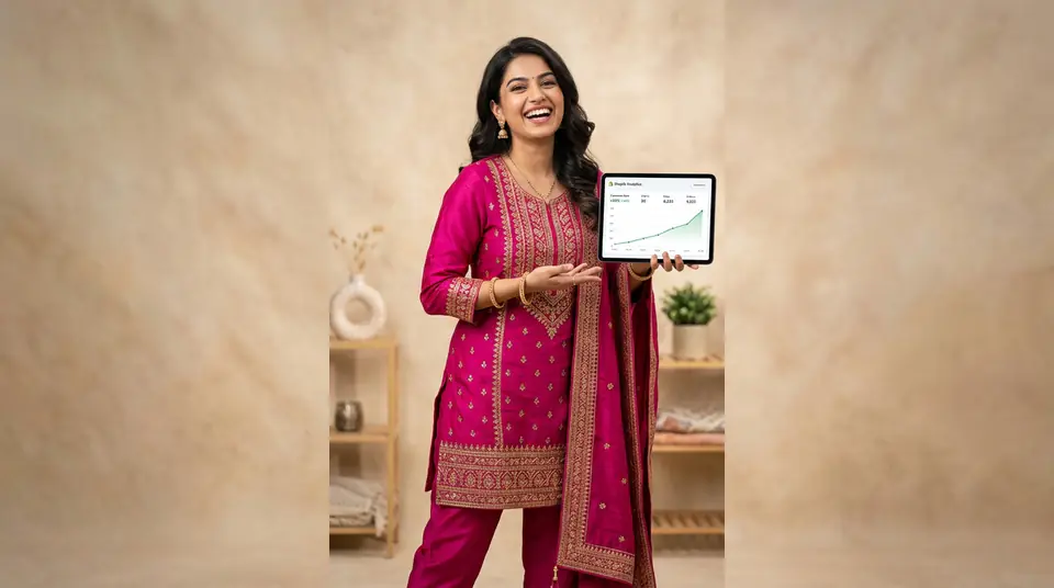 Indian model showcasing a stunning kurti set, symbolizing high conversion rates on a Shopify fashion store, achieved through professional product photography.