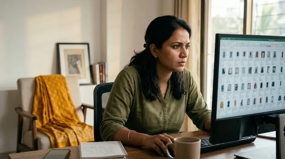 Focused Indian fashion seller looking at a computer screen filled with numerous product catalogue images, illustrating the challenge of managing a large number of SKUs.