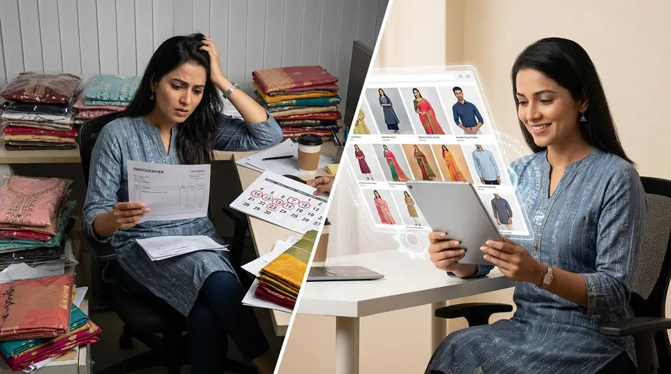 Stressed Indian fashion seller struggling with a large catalogue and an easygoing seller with an AI-generated digital catalogue, symbolizing SKU scaling.