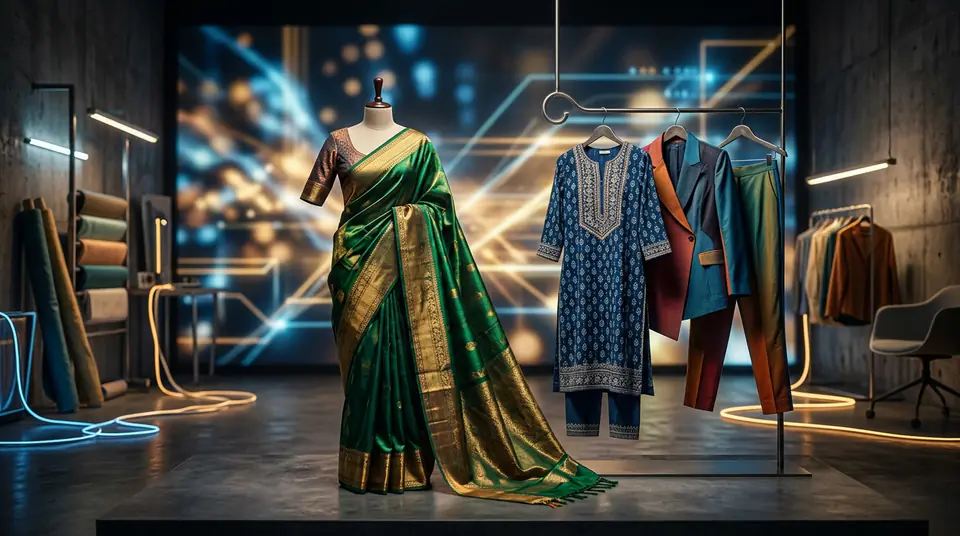 Diverse Indian fashion items like a silk saree, kurti set, and western wear in a modern studio setting, symbolizing rapid AI-driven SKU scaling fashion and efficiency.