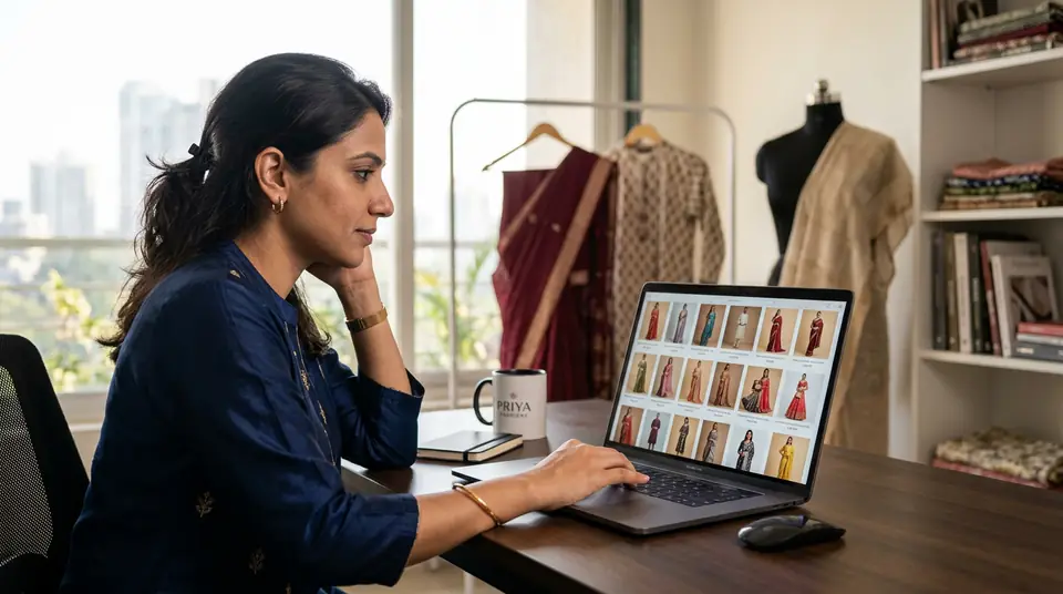 Entrepreneur efficiently managing a large fashion catalogue on a laptop.