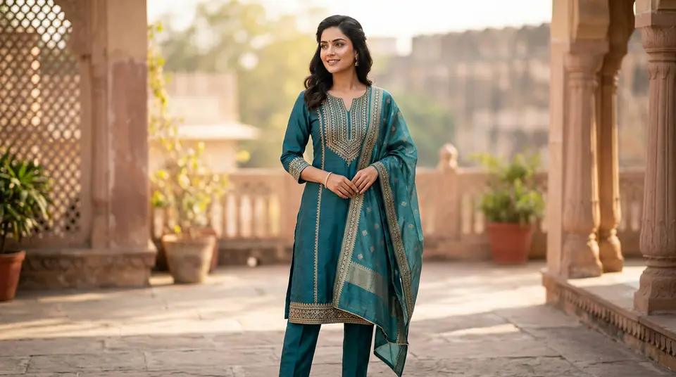 Realistic AI-generated image of an Indian woman modeling a contemporary kurti set, against a soft, sunlit architectural background, showcasing high-quality product photography without a traditional studio.