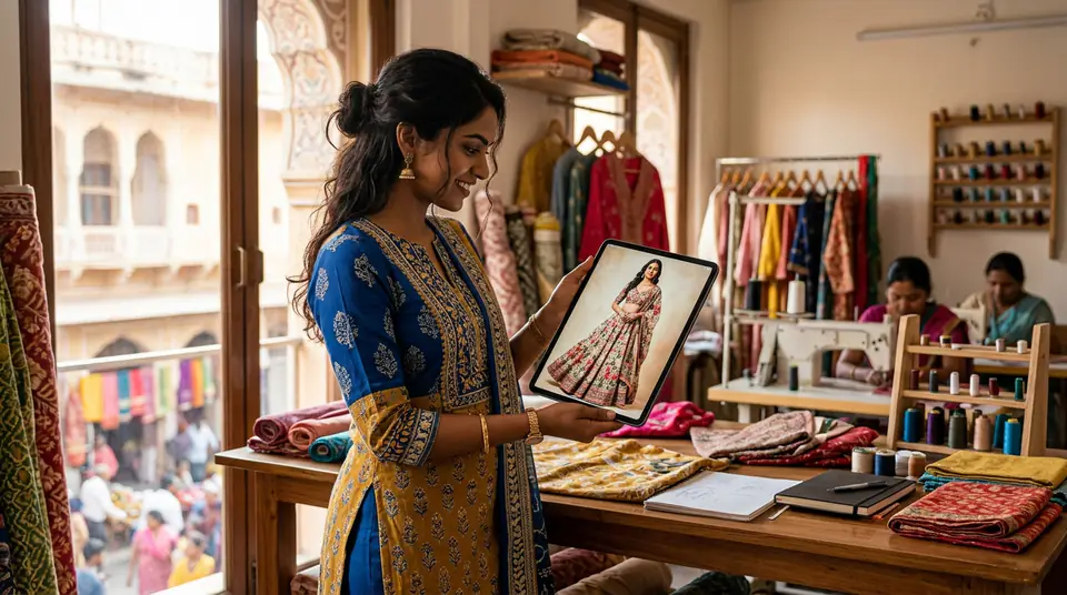 A successful Indian fashion entrepreneur from a tier-2 city confidently reviewing her AI-generated fashion catalogue on a tablet, showcasing high-quality images of her new ethnic wear line.