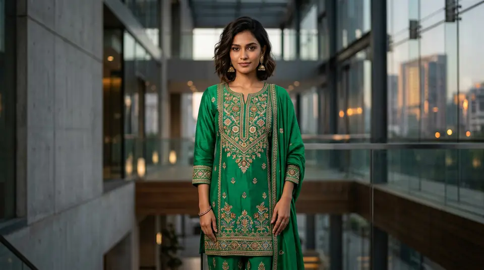 Indian AI model wearing a modern green kurti set in an aspirational, blurred urban architectural background, symbolizing success for Tier 2 fashion brands.