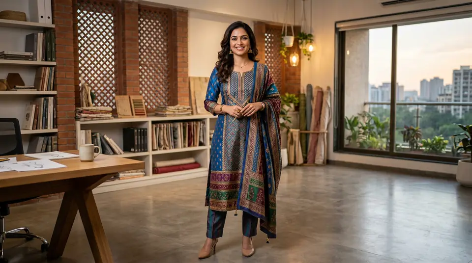 A confident Indian woman in a vibrant kurti set, in a modern, AI-generated fashion studio, representing the success of Tier 2 India fashion brands.