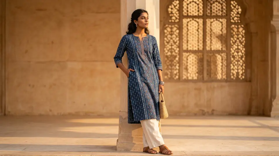 A model wearing a modern kurti from a Tier 2 India fashion brand, showcasing high-quality AI-generated photography.