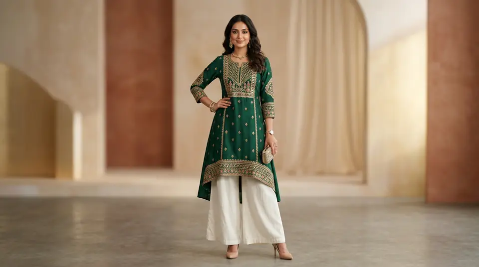 Modern Indian female model in fusion ethnic wear, showcasing high-quality AI generated fashion photography for Tier 2 India brands.