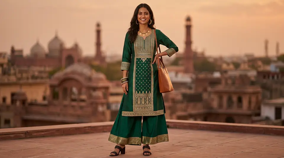 A stunning AI-generated Indian model wearing a contemporary kurti set against a blurred, golden hour cityscape background, embodying the future of virtual fashion photography.