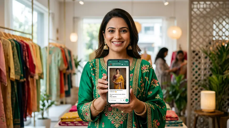 Indian woman showcasing professional fashion product photo from WhatsApp Business catalogue on her smartphone