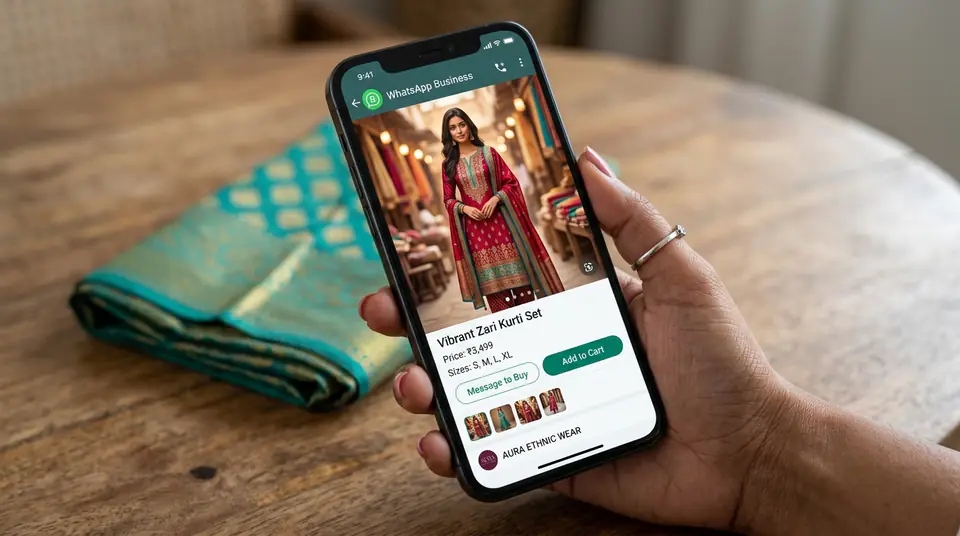Indian hand holding a smartphone displaying a high-quality DrapifyApp-generated AI fashion photo within a WhatsApp Business Catalogue for an ethnic wear brand, hinting at professional sales success.