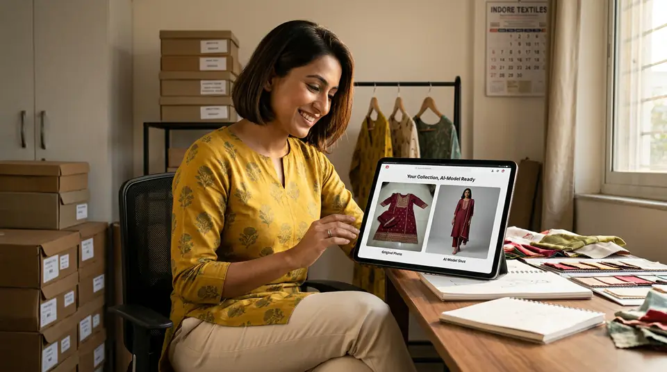 Indian fashion reseller successfully using AI for WhatsApp catalogue photography to boost sales.