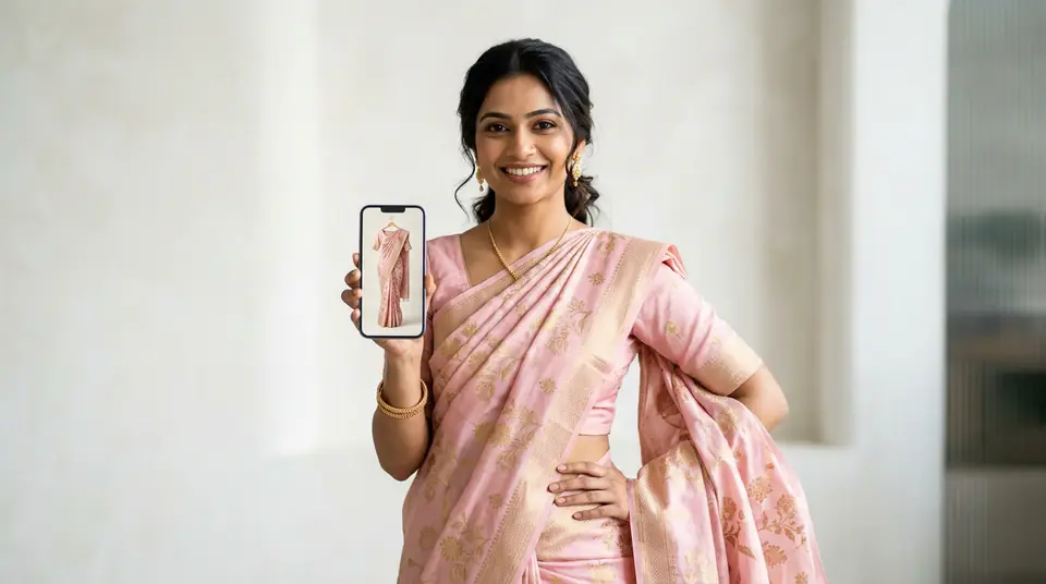 Young Indian woman holding a smartphone displaying an AI-generated product photo of her saree, showcasing professional WhatsApp catalogue photography.