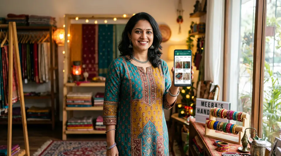 A woman showcasing a vibrant kurti on her phone's WhatsApp Business catalogue in a Mumbai boutique.