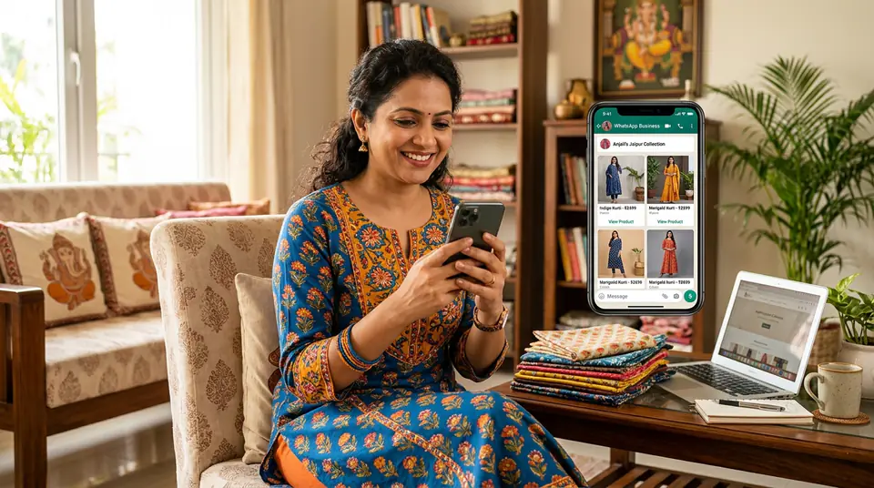 A Jaipur boutique owner managing her WhatsApp Business catalogue from her living room.