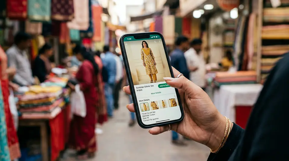 Hand holding a phone displaying a WhatsApp Business catalogue with an ethnic co-ord set.