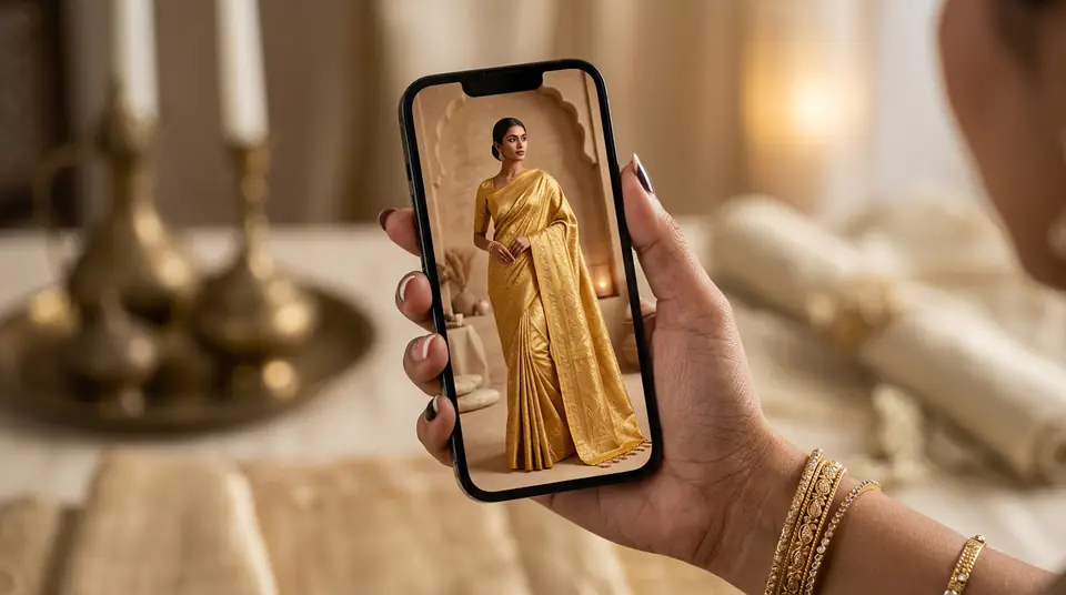 Professional AI-generated image of a golden silk saree displayed on a smartphone, representing a high-quality WhatsApp fashion catalogue.