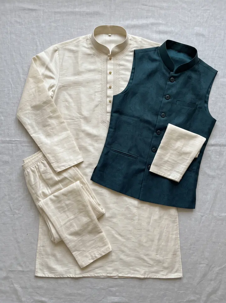 Ivory raw silk kurta, mandarin collar aur golden buttons ke saath, ivory churidar aur dark teal Nehru jacket ke saath flat rakha hua