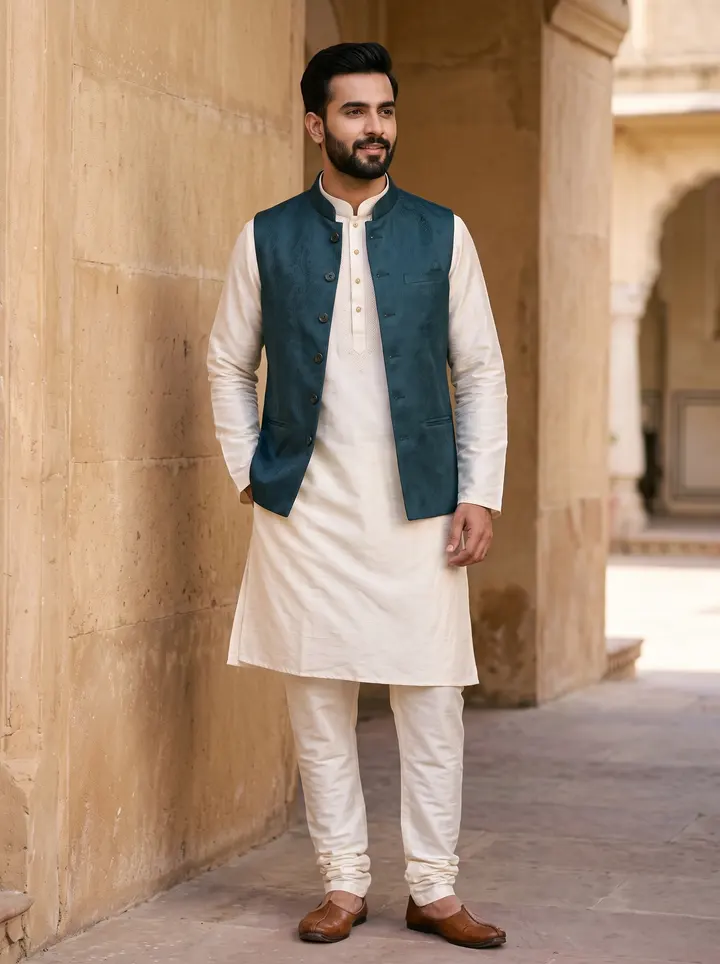 Wahi ivory kurta aur teal Nehru jacket model ne pehni hui, sandstone wall ke saamne