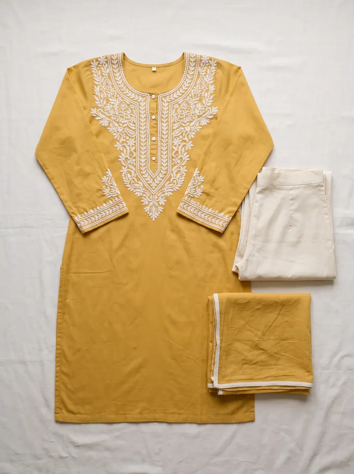 A mustard-yellow cotton kurti with white chikankari embroidery laid flat beside cream palazzos and a matching dupatta