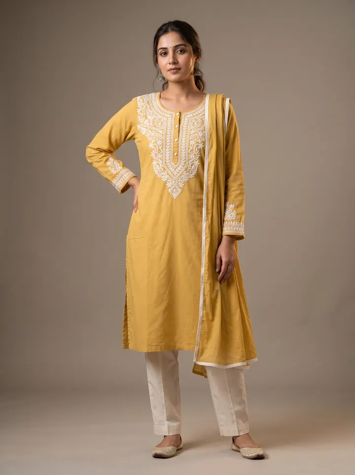 The same mustard kurti set worn by a model against a warm grey studio backdrop, dupatta over one shoulder