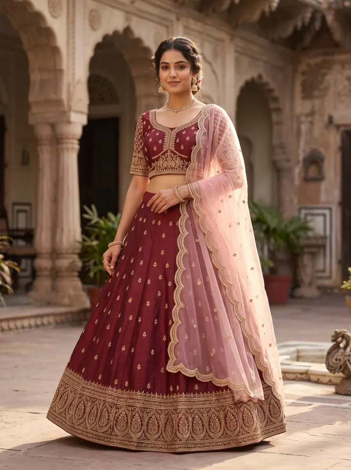 Wahi maroon lehenga set model ne pehna hua, pink dupatta kandhe pe, purani haveli ke aangan mein