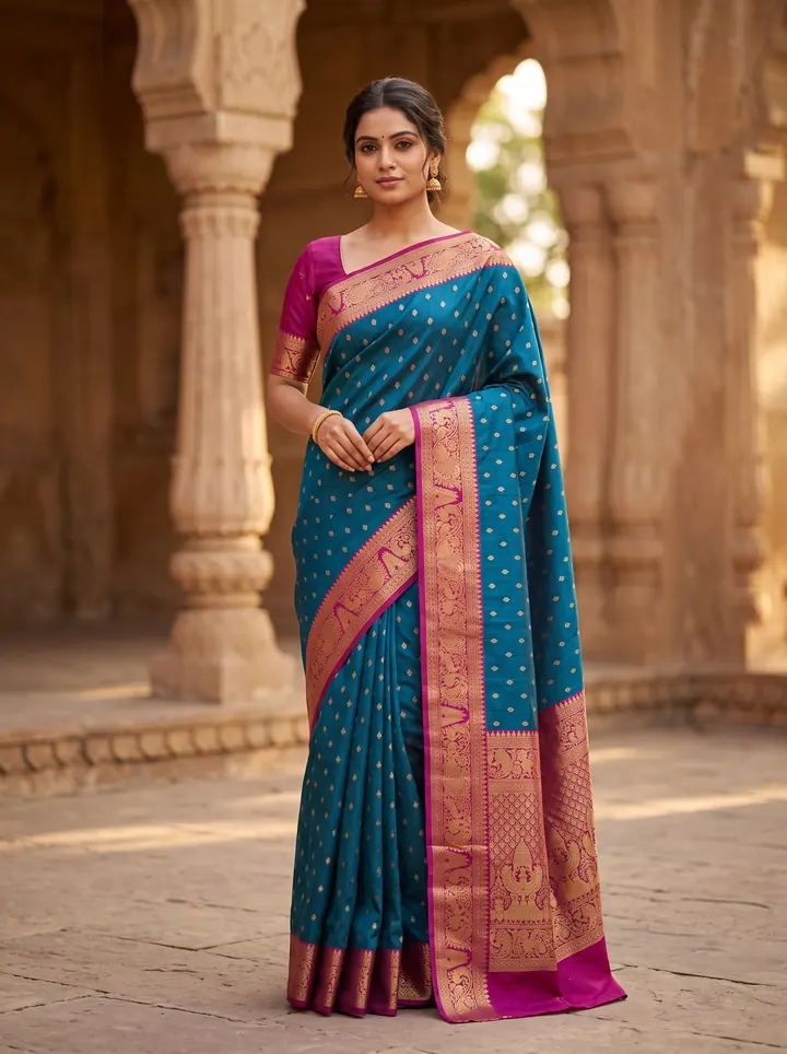 The same saree draped on a model in a sandstone courtyard