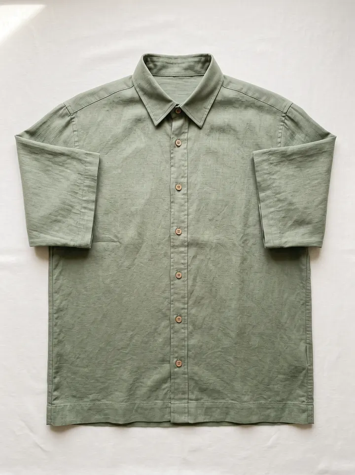 A sage-green cotton-linen shirt laid flat and buttoned, showing the slub texture of the weave
