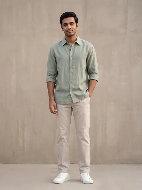 Male model wearing a sage linen shirt in a studio setting — made with Drapify