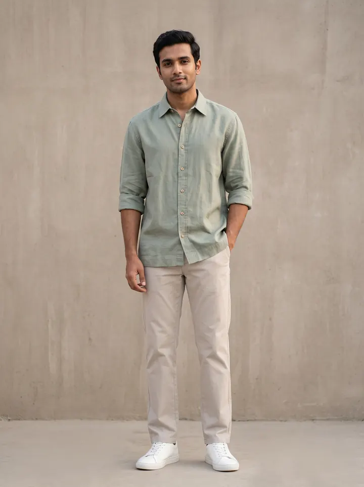 The same sage-green linen shirt worn by a model against a warm concrete wall, sleeves rolled to the forearm
