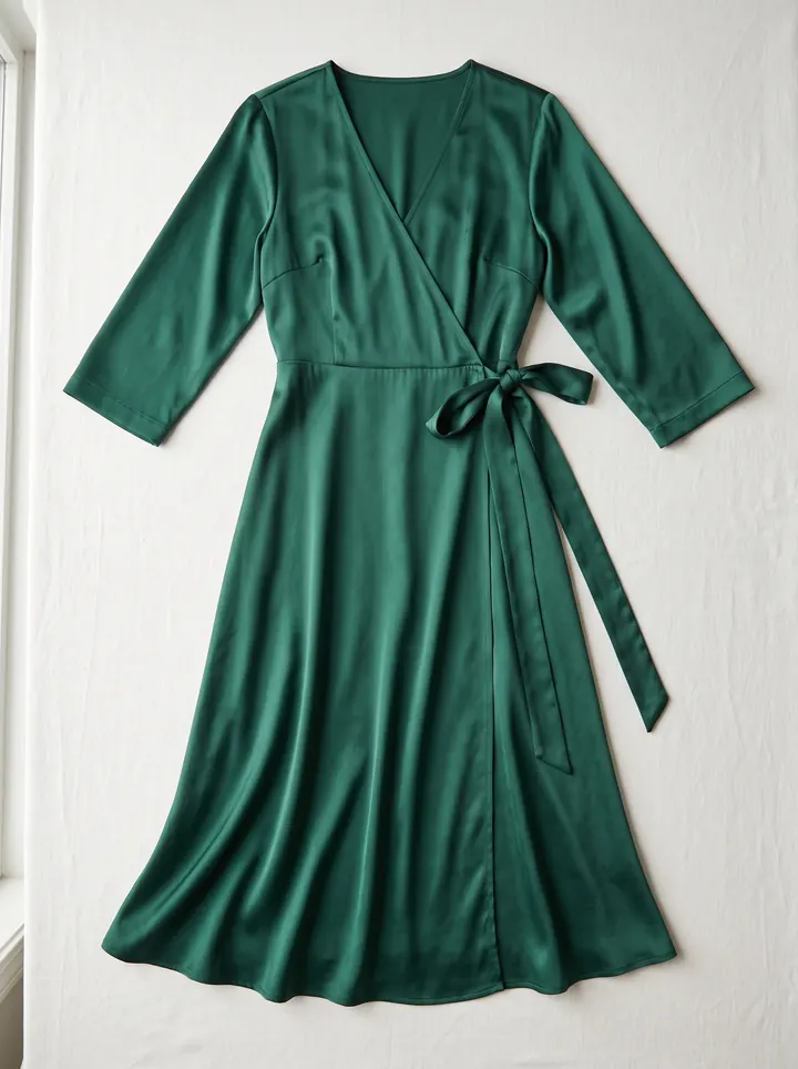 An emerald-green satin wrap dress laid flat, sleeves spread, showing the self-tie waist belt