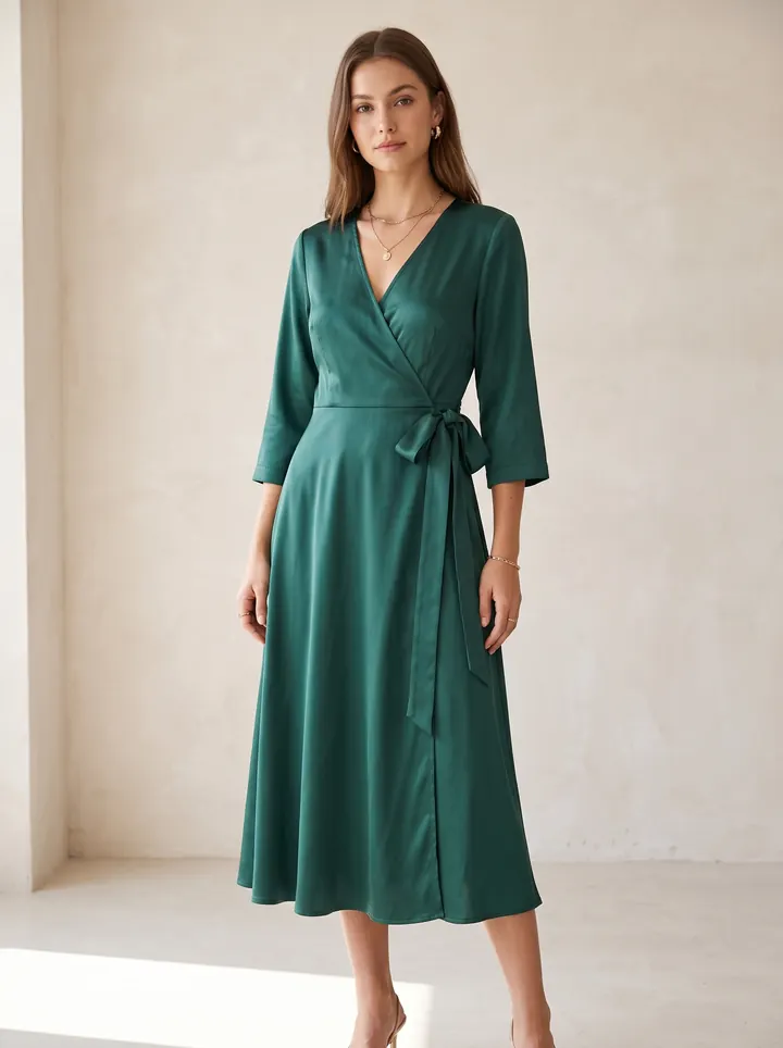 The same emerald satin wrap dress worn by a model in a bright minimal interior, skirt falling to mid-calf