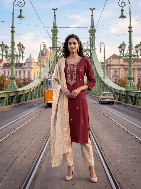Model in a maroon kurta set on a city bridge