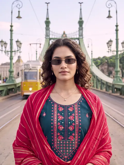Model in a navy kurta with a red dupatta on a city bridge
