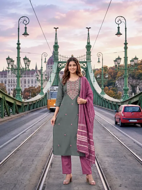 Model in a sage kurta set on a city bridge