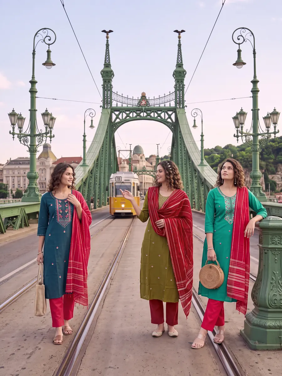 Three models in navy, olive and teal kurta sets on a city bridge with a tram — Drapify Studio campaign