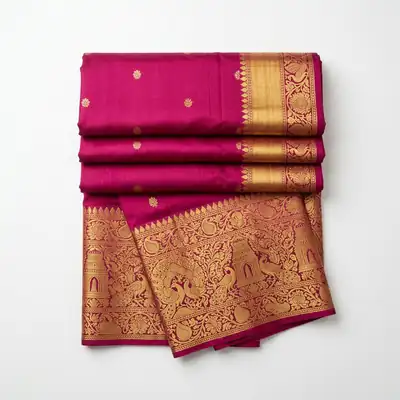 A folded magenta banarasi silk saree photographed flat, as uploaded by the seller