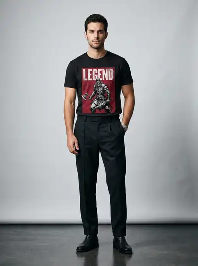 Male model wearing a black graphic t-shirt — made with Drapify